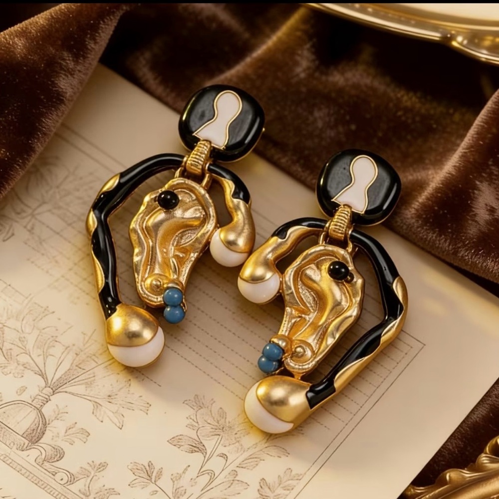 Schiaparelli Inspired Elegant Gold and Black Statement Earrings